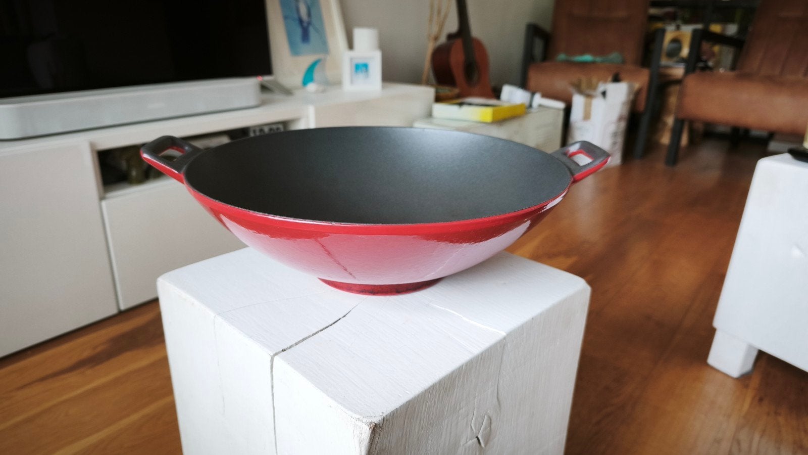 Gietijzeren wokpan, rood emaille, 34cm, Ophalen, Gebruikt