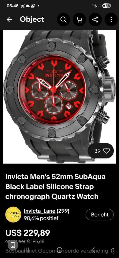 Invicta Subaqua Herenhorloge - Zwart/Rood Chronograaf, Ophalen of Verzenden