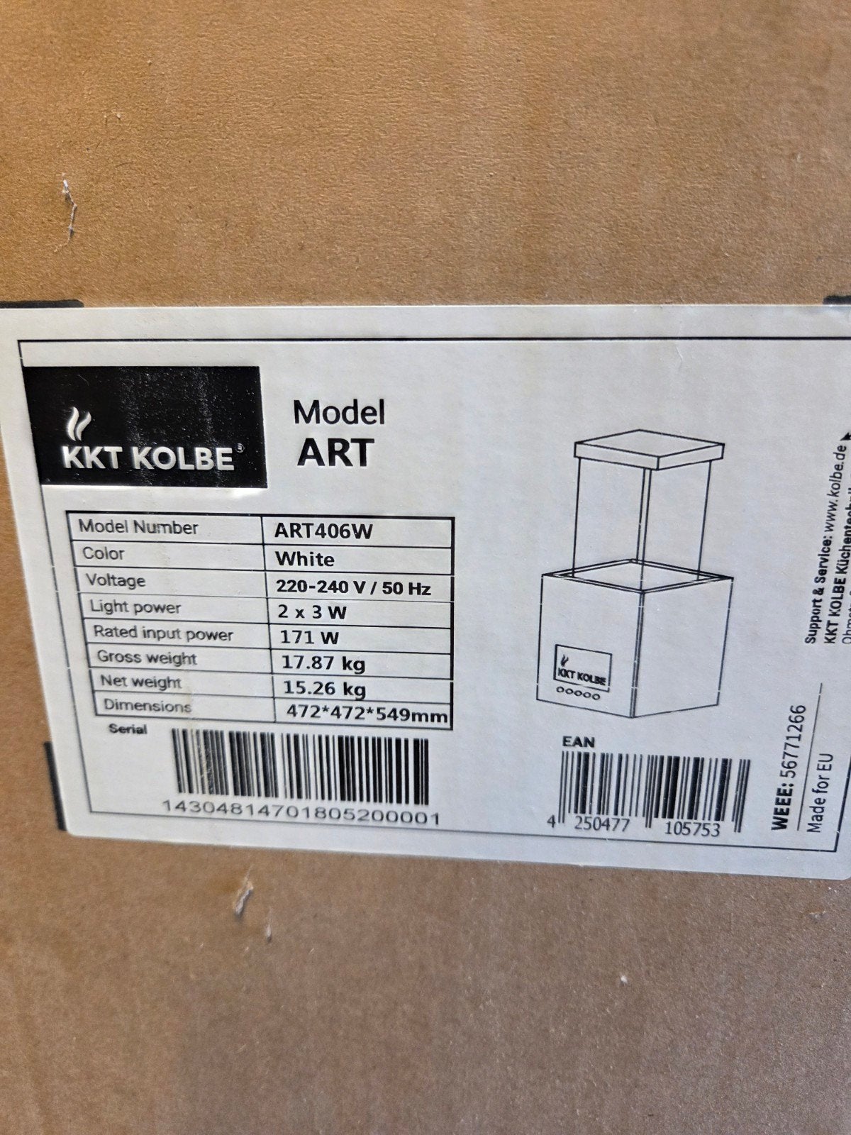 KKT Kolbe ART406W Eilandschouwkap - Nieuw in doos, Witgoed en Apparatuur, Ophalen, Minder dan 200 m³ per uur, Nieuw, Eilandschouwkap