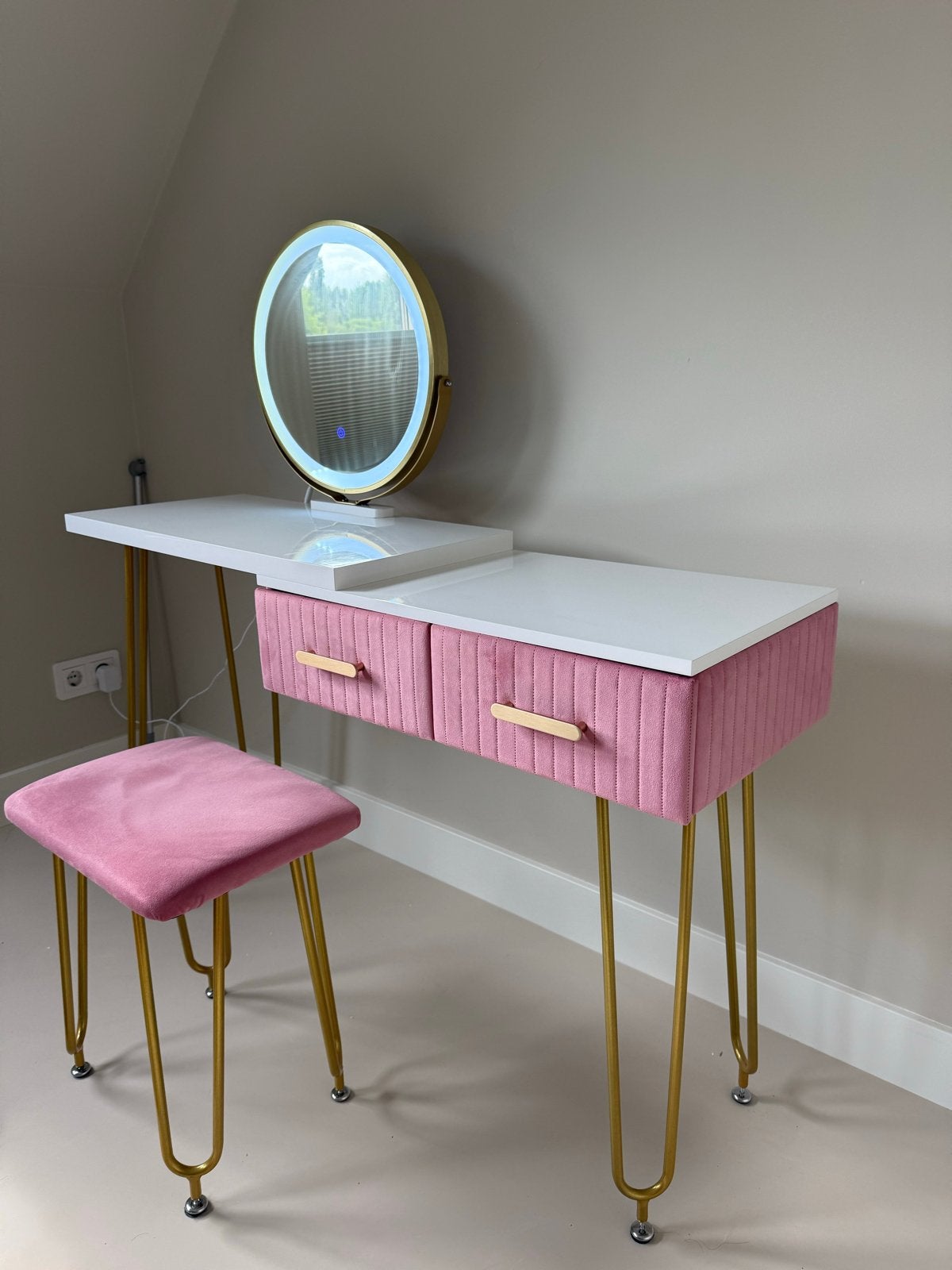 Make-uptafel "Zoey" wit/roze met krukje en LED-Spiegel, Ophalen, 100 tot 150 cm, Nieuw, Minder dan 100 cm