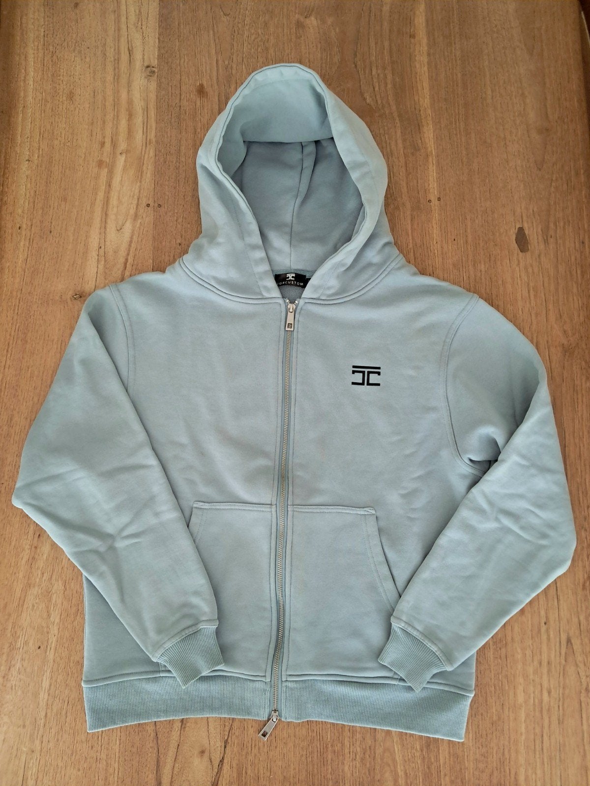 Jorcustom Herenvest met capuchon en grote print - Maat S, Blauw, Ophalen of Verzenden, Zo goed als nieuw, Jorcustom