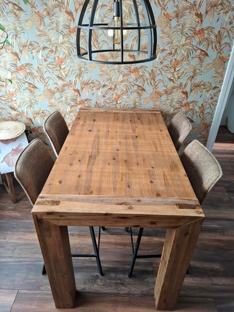 Stoere bartafel + 5 barkrukken – acacia hout| complete set!, Ophalen, 4 tot 6 stoelen