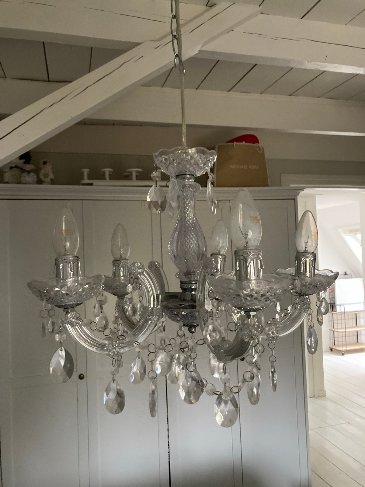 Kroonluchter met 5 armen, Ophalen of Verzenden, Gebruikt, Glas, E14 (klein)