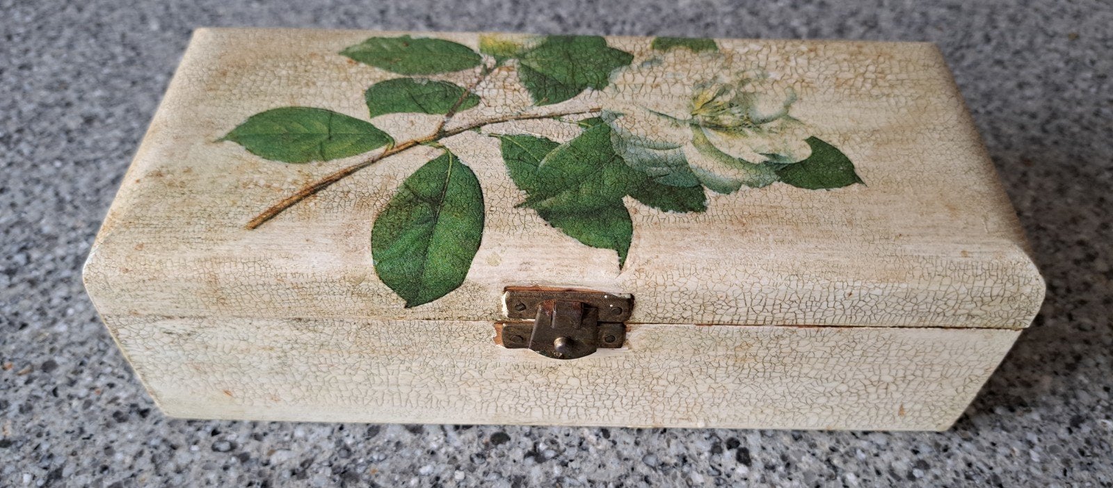Brocante houten opbergbox opbergdoosje witte roos, Ophalen of Verzenden
