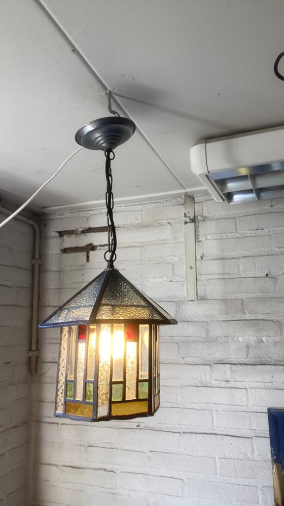 Prachtig art deco glas in lood hanglamp zeskantig, Ophalen of Verzenden