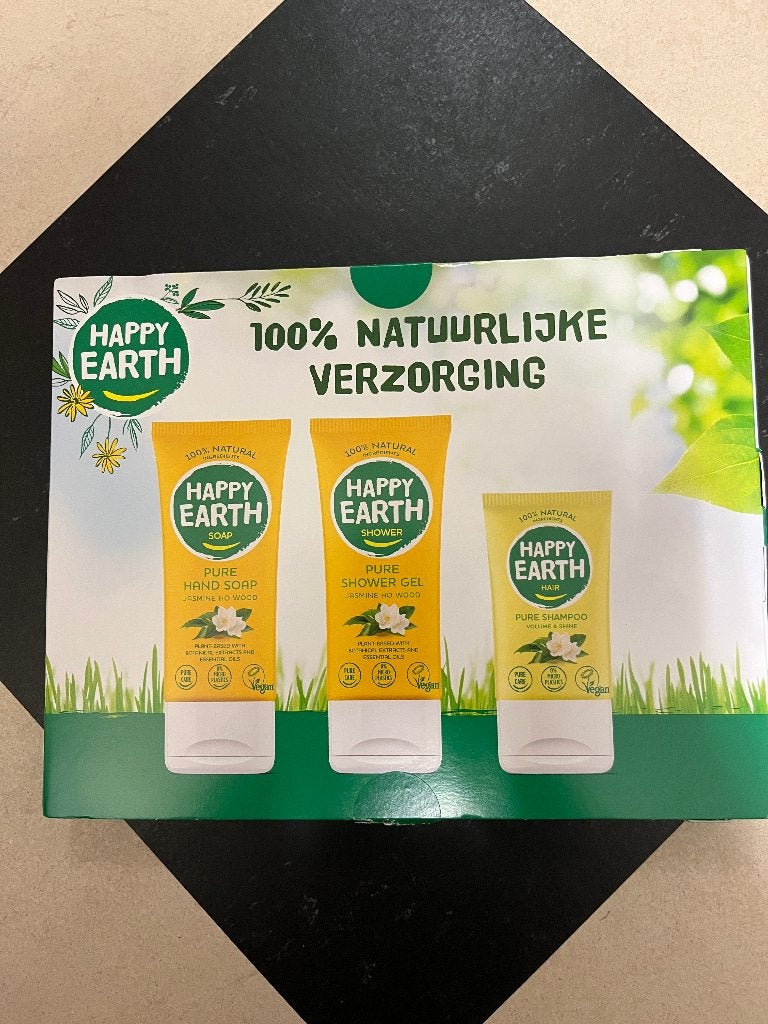 Happy Earth pakket: douchegel, zeep en shampoo, Ophalen of Verzenden, Nieuw, Bodylotion, Crème of Olie