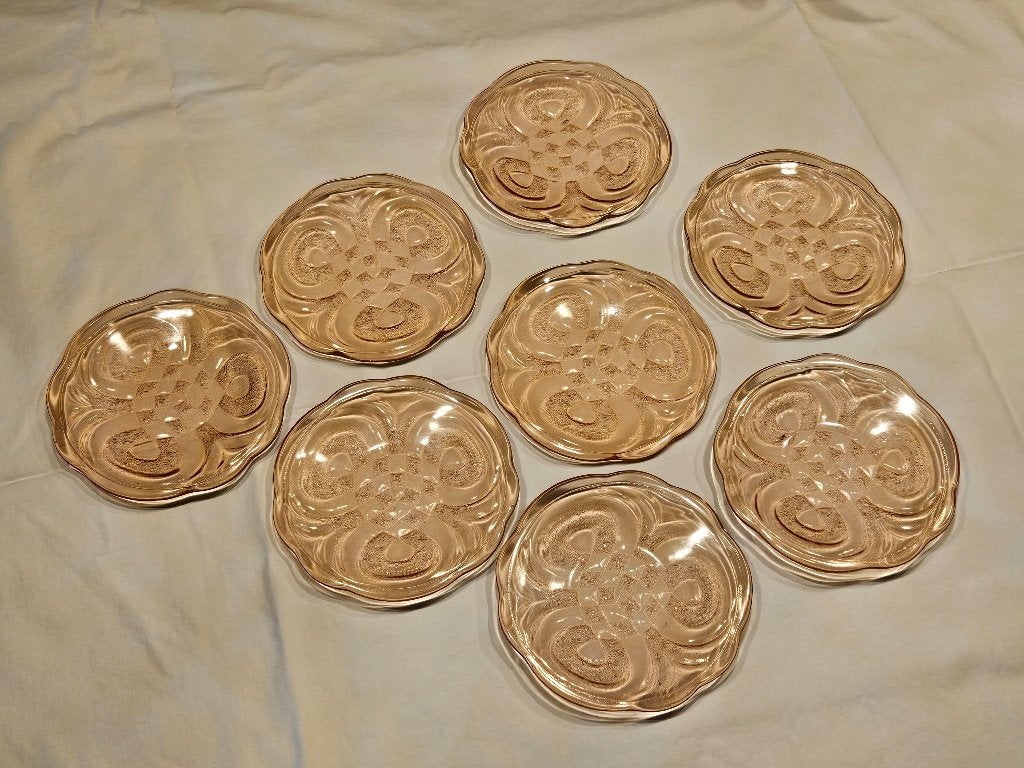 Vintage Set van 8 roze glazen gebaksbordjes jaren 1930, Ophalen of Verzenden