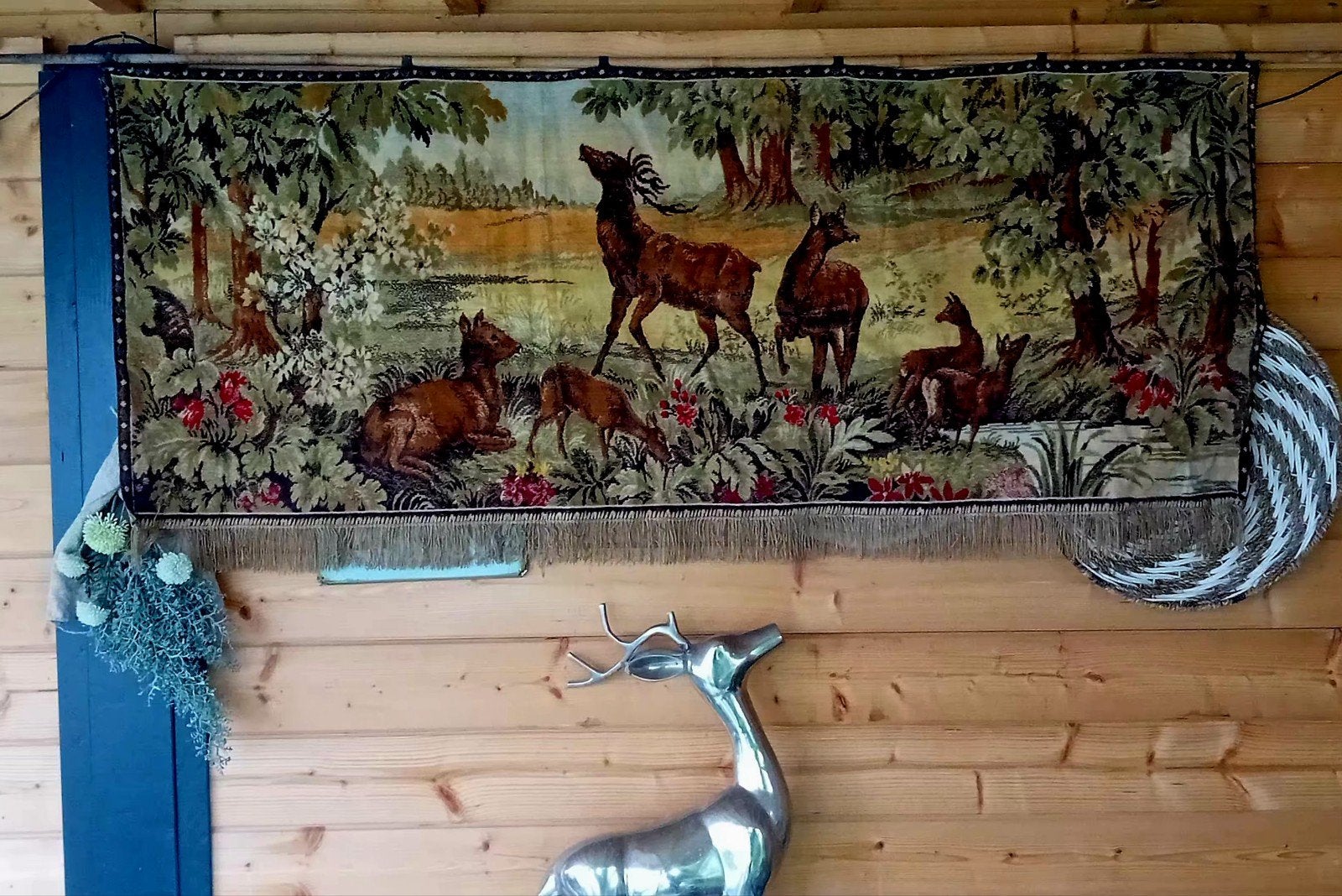 Groot Jacht Tafereel Wandtapijt & Aluminium Hert, Ophalen of Verzenden
