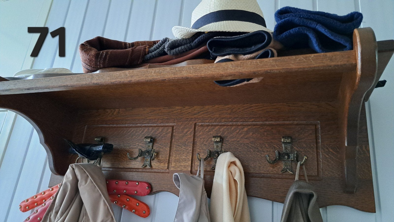 Vintage houten wandkapstok met hoedenplank en haken, Gebruikt, Minder dan 100 cm, Hout, Ophalen