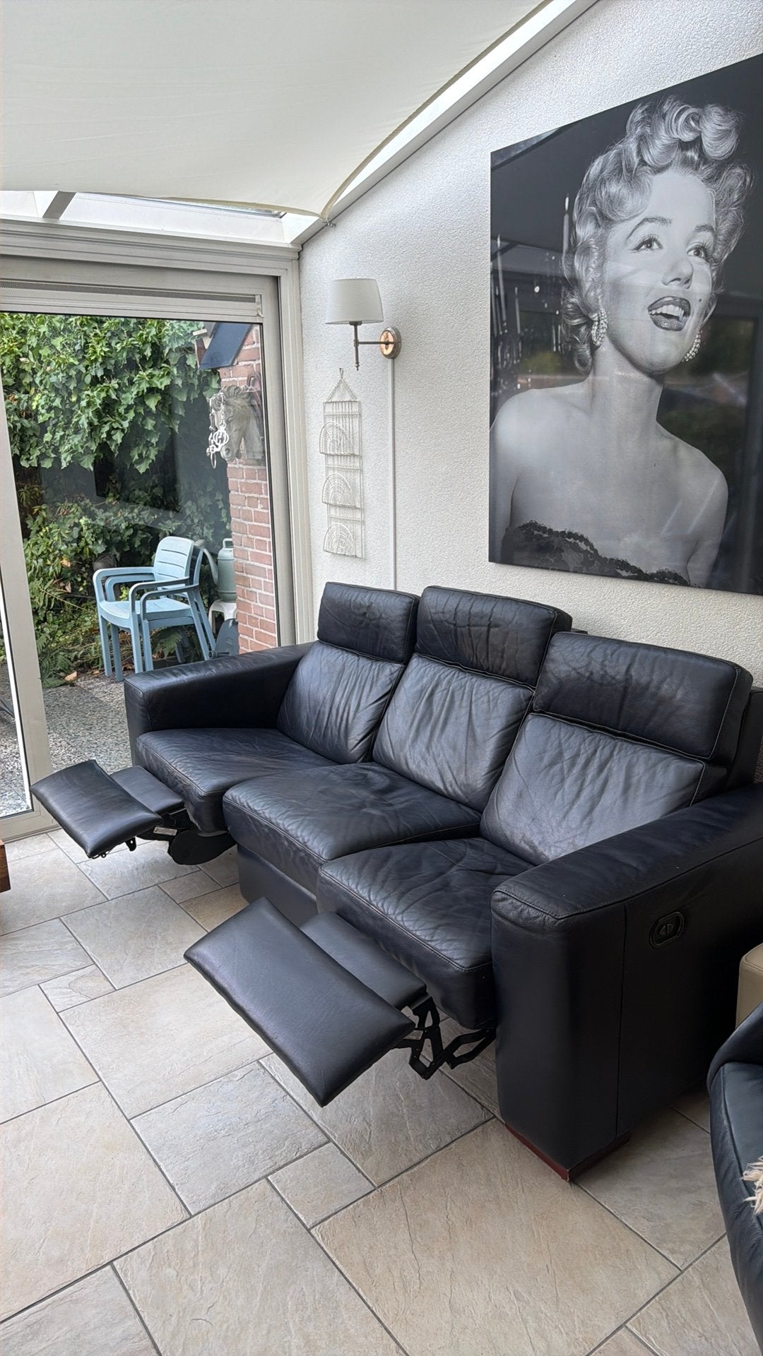 Bankstel 3 zits dik blauw leer met 2 electrische zittingen, Huis en Inrichting, Ophalen, Gebruikt, Driepersoons, 200 tot 250 cm