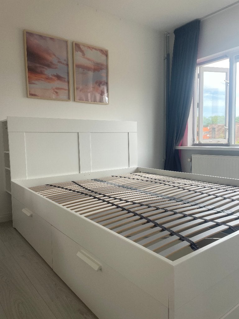IKEA BRIMNES bed 160x200 met opbergruimte en hoofdbord — wit, Huis en Inrichting, Slaapkamer | Bedden, Gebruikt, Wit, Tweepersoons