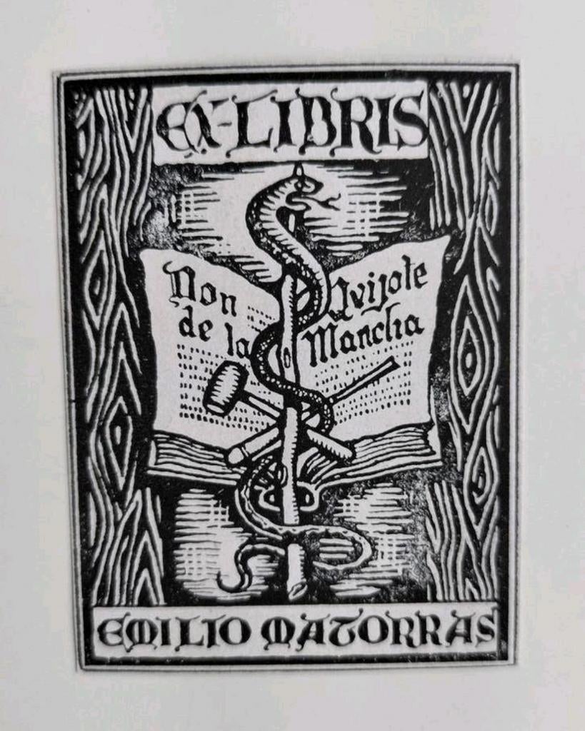 Exlibris Emilio Matorras (1944, Don Quichot, esculaap slang), 6 cm, 5 cm, Origineel, 1900 - 1949