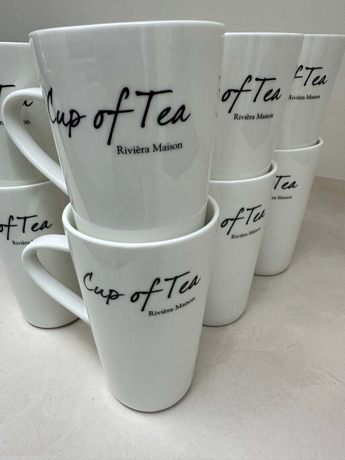Riviera Maison 'Cup of Tea' mokken - 12 stuks, Ophalen, Overige typen, Zo goed als nieuw, Steen/keramiek
