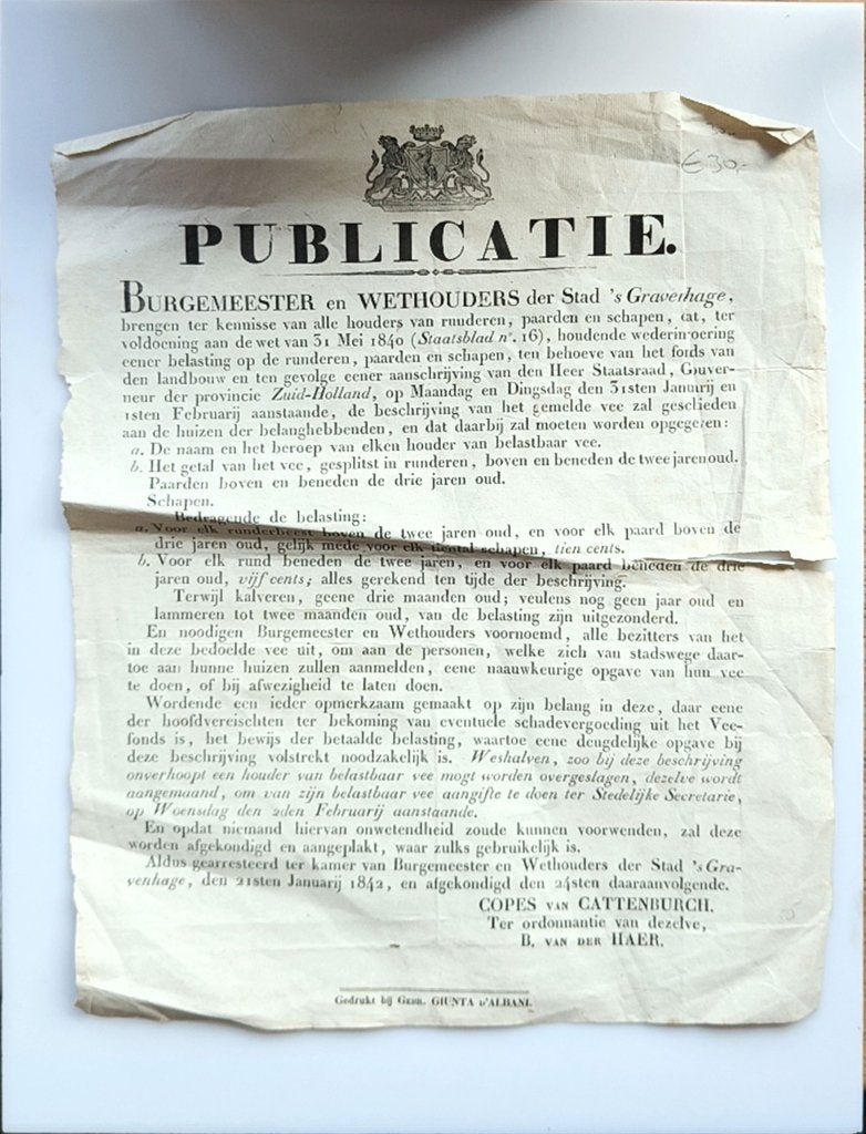Mooi pamplet voor belastingen - Den haag 1842 voor vee, Ophalen of Verzenden