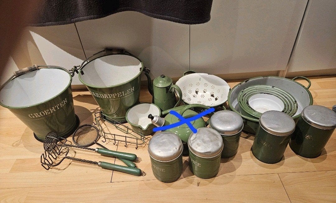 Grote verzameling vintage emaille keukengerei, groen, Antiek en Kunst, Antiek | Emaille, Ophalen