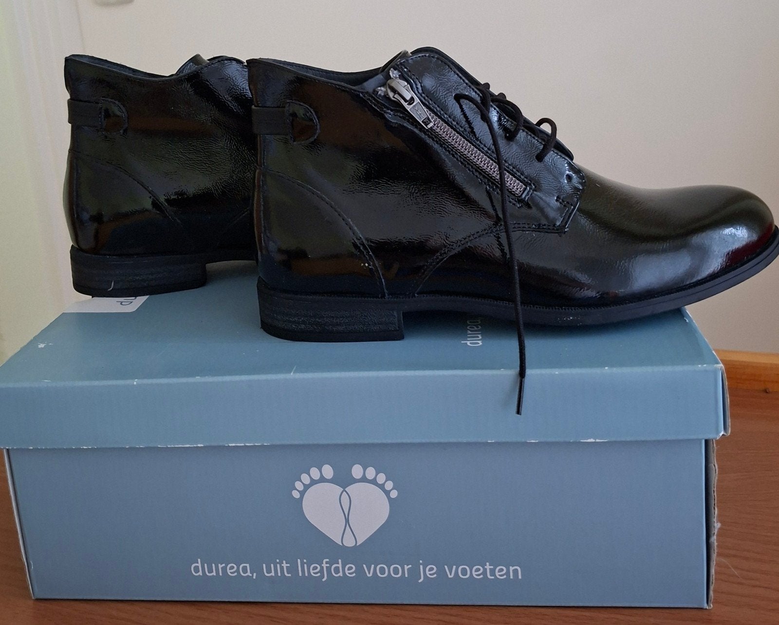 Durea Zwarte Lakleren enkellaarsjes maat 4 (37) wijdte H, Ophalen, Durea, Zwart, Lage of Enkellaarzen
