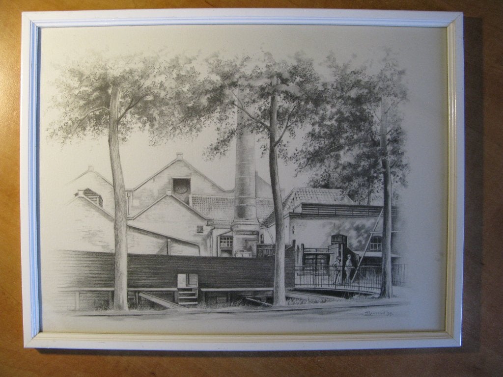 ingelijste prent Philipsfabriekje Emmasingel Eindhoven, 1979, Verzamelen, Foto's en Prenten, 1960 tot 1980, Gebruikt, Ophalen of Verzenden