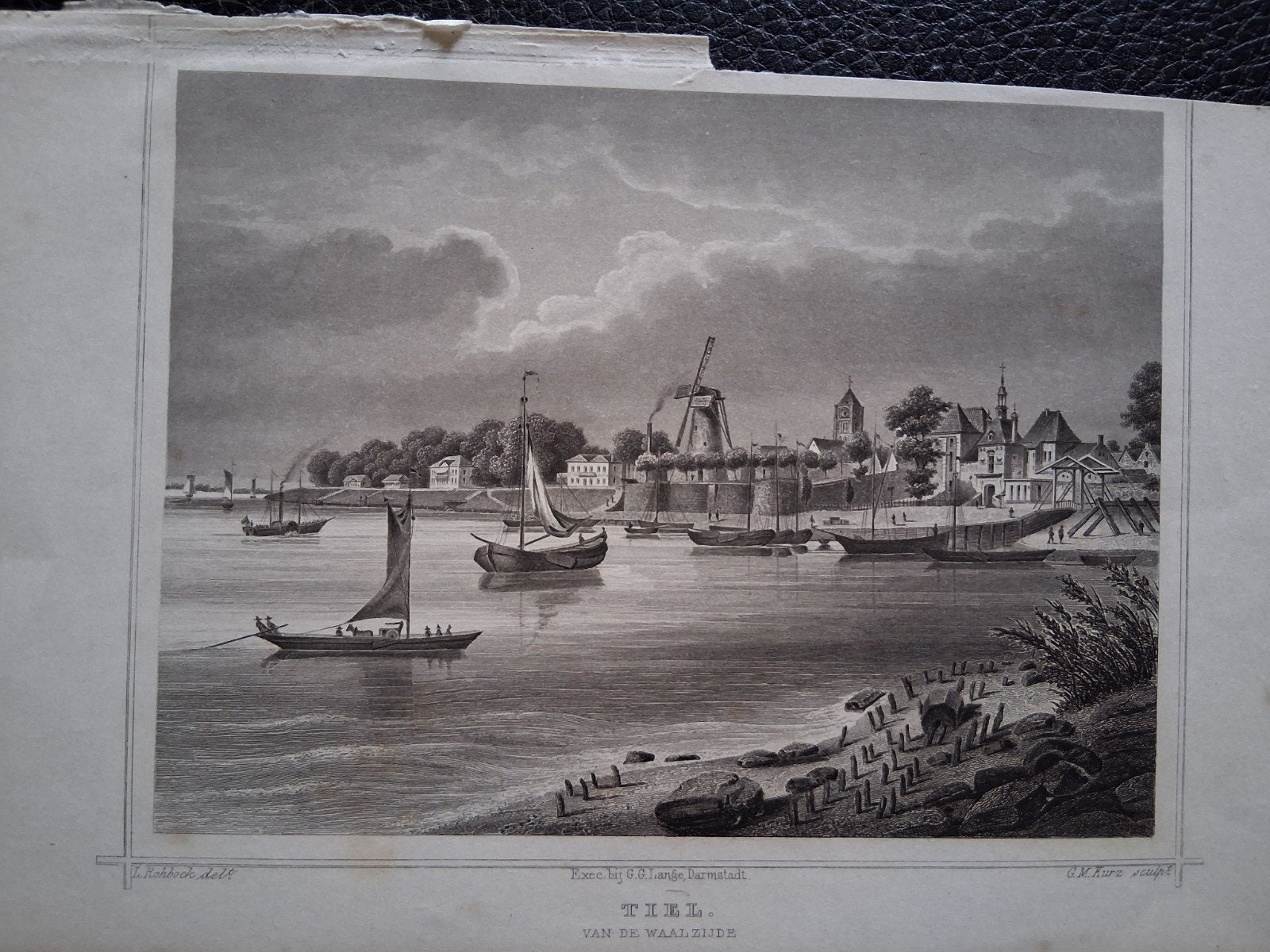 Tiel aan de Waalzijde - G.M. Kurz, Antiek en Kunst, 1800 - 1899, Met tekst, Stadsgezicht, Ophalen of Verzenden