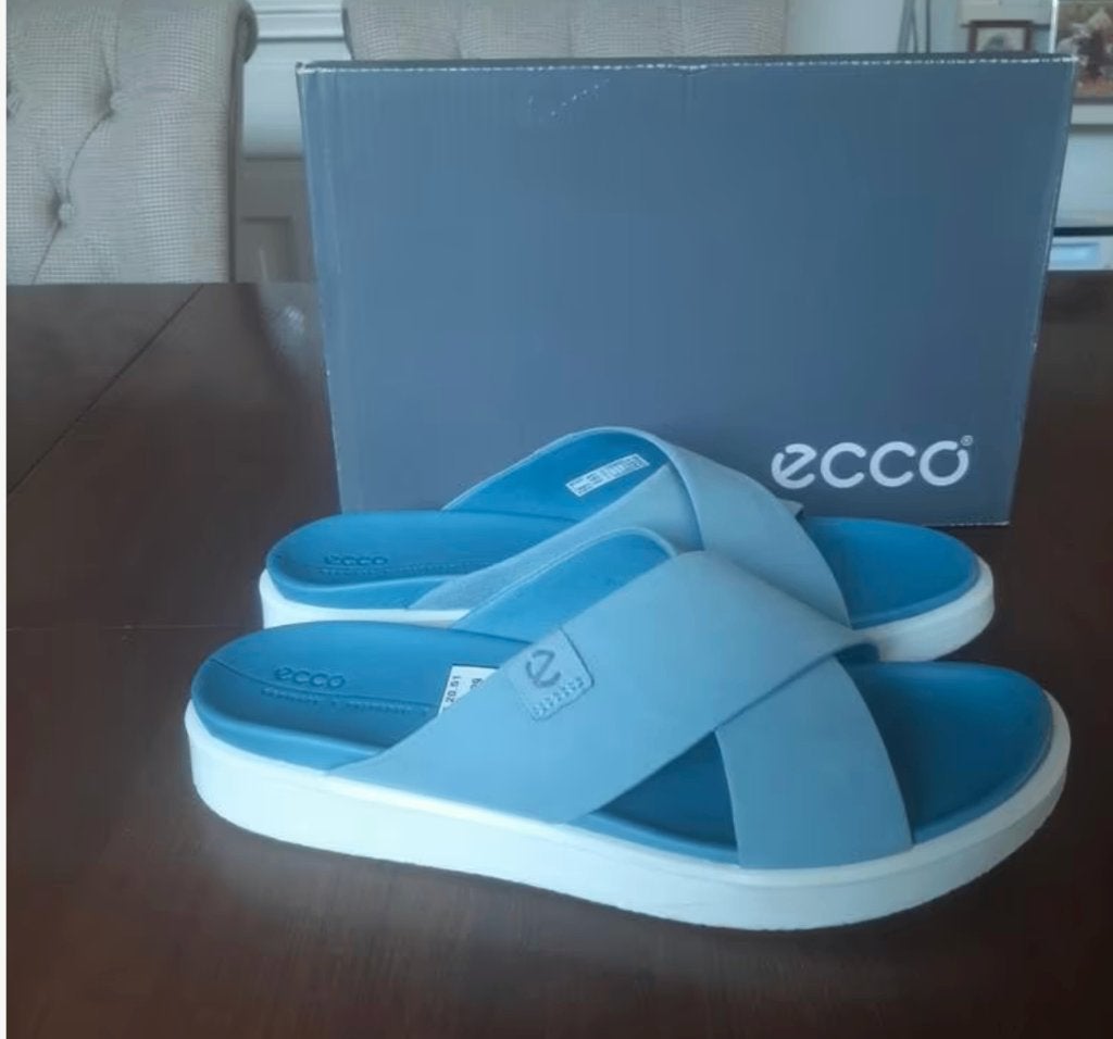 Nieuw: blauwe leren dames Ecco voetbed muilen/slippers mt 42, Slippers, Ecco, Blauw, Nieuw