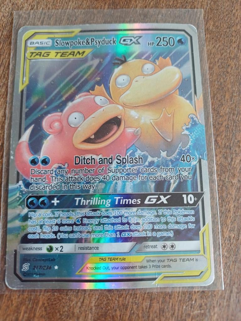 Slowpoke & Psyduck GX Pokémon Kaart - TAG TEAM, Ophalen of Verzenden, Zo goed als nieuw, Losse kaart, Foil