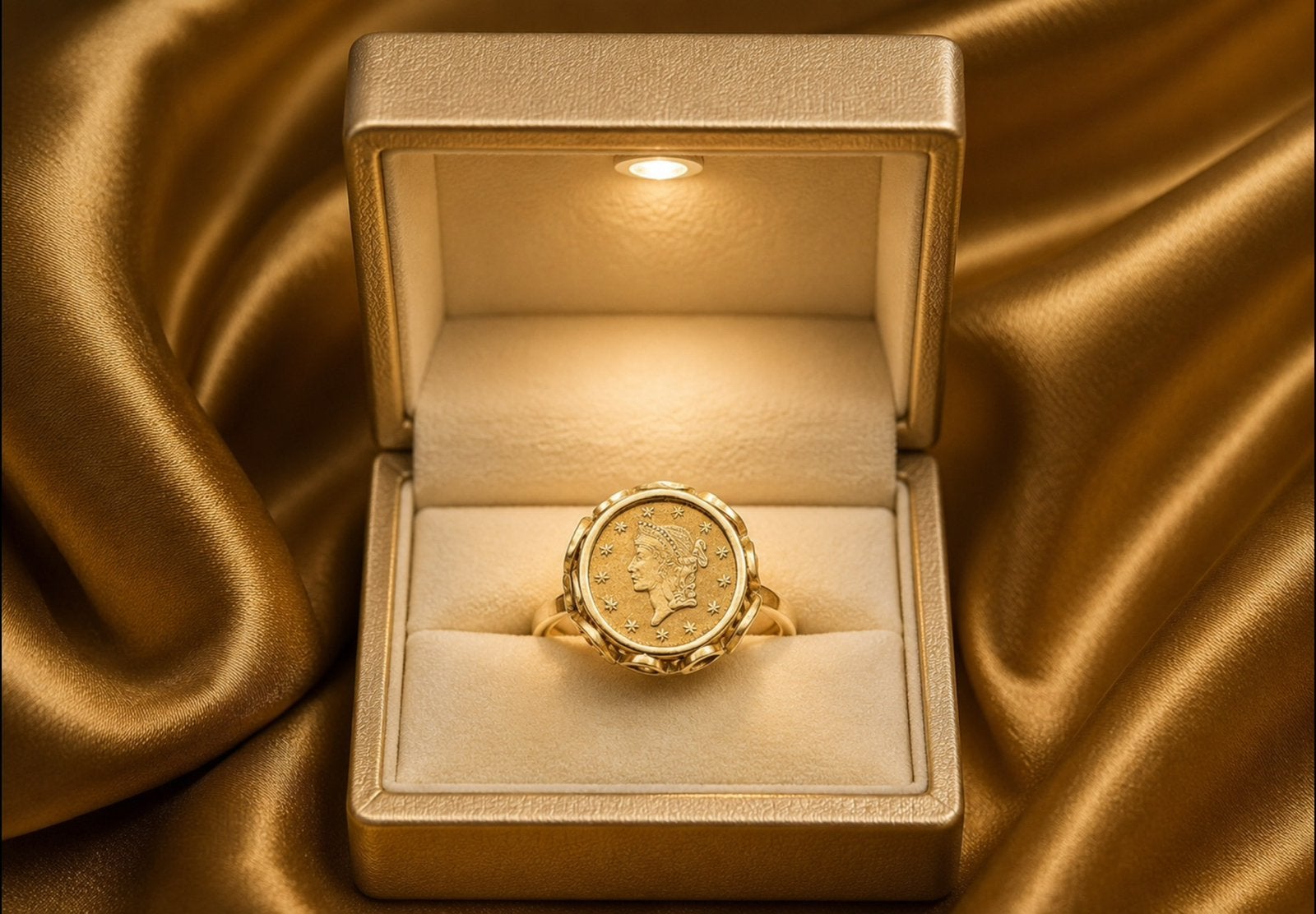 Ring goud met 1 dollar munt, Sieraden, Tassen en Uiterlijk, Ringen, Ophalen of Verzenden, Gebruikt, Goud, Dame