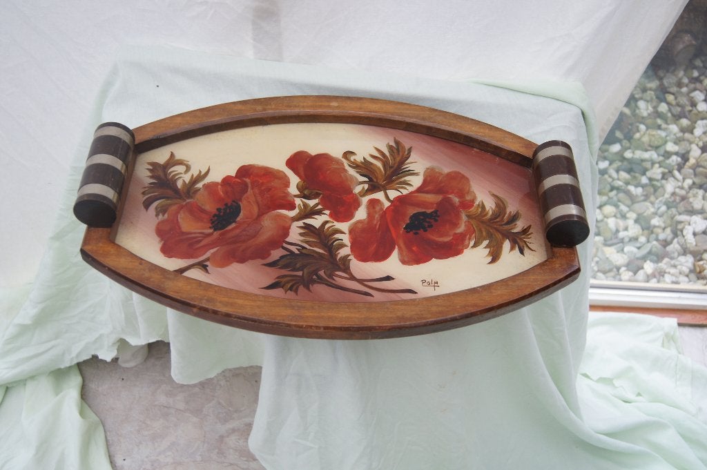 Vintage houten dienblad met handgeschilderde klaprozen, Ophalen