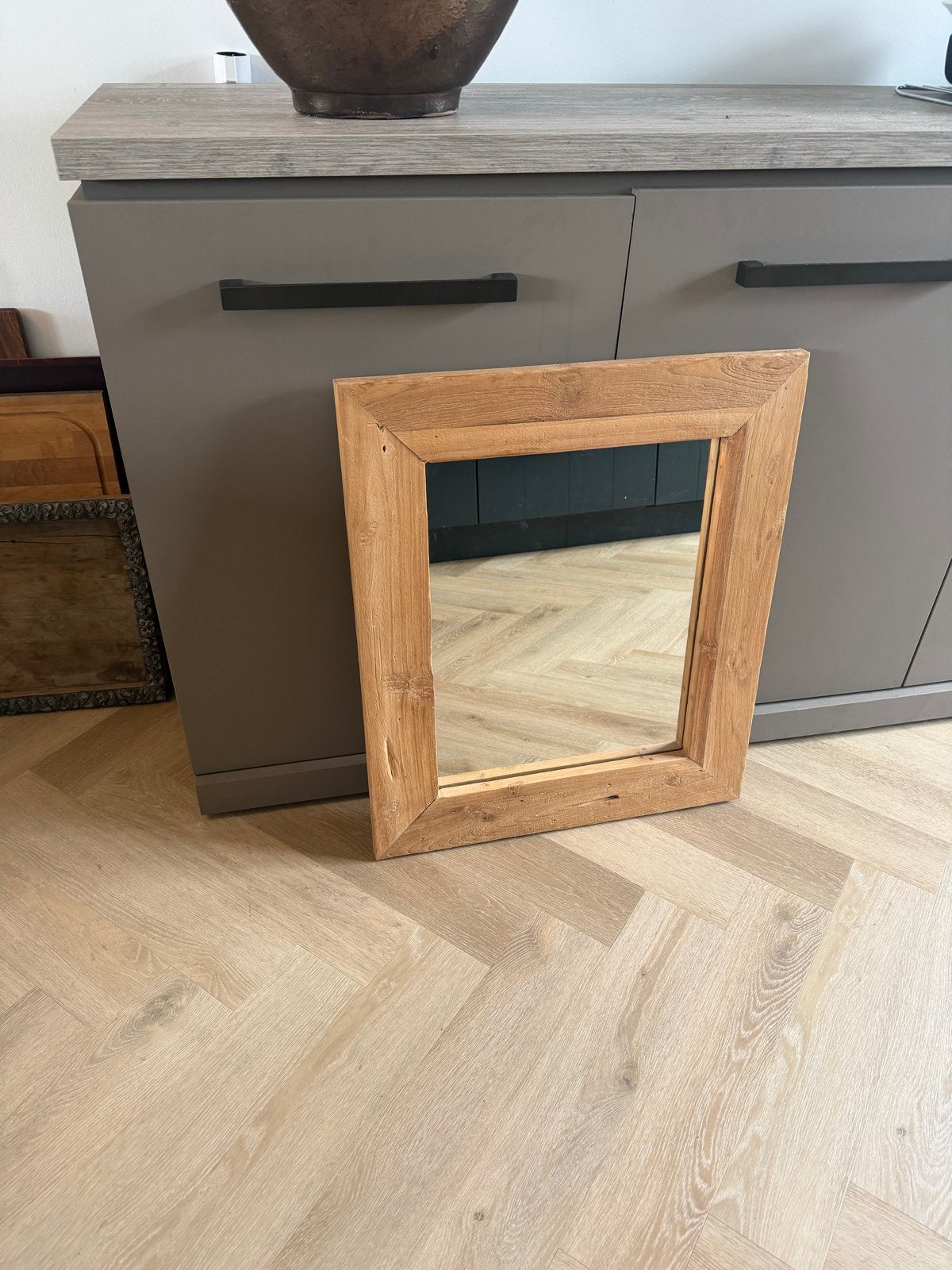 Robuuste houten spiegel 60x70cm, Ophalen, Gebruikt, Minder dan 100 cm, Rechthoekig