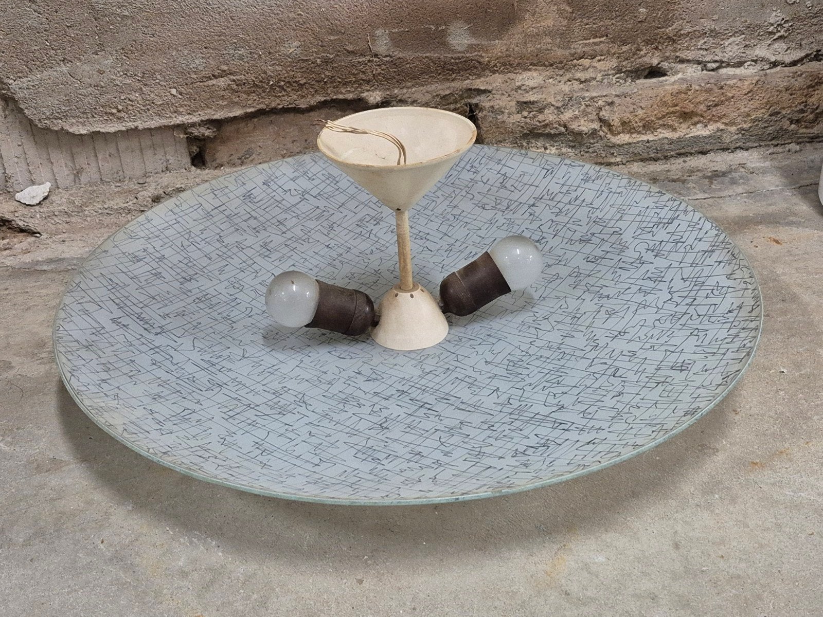 Large Vintage Mid-Century Plafondlamp Glas Jaren 50/60 Ø 54, Ophalen, Gebruikt, 54 cm, Glas