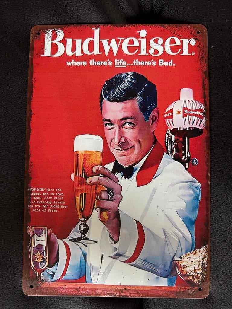 Vintage Budweiser Reclamebord   30 bij 20, Ophalen of Verzenden, Gebruikt, Reclamebord