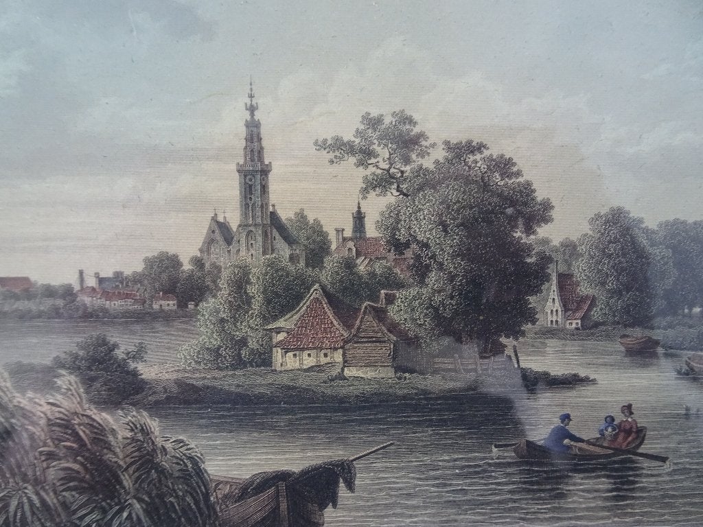 gravure kleur Edam van de Purmerringdijk, Umbach 1860, Antiek en Kunst, 1800 - 1899, Verzenden, Stadsgezicht, Gravure