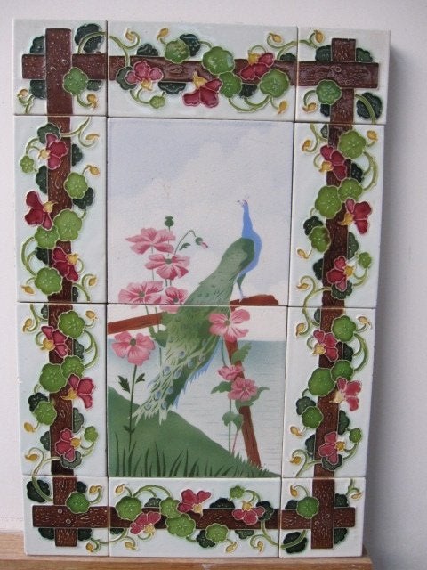 Tegelpaneel antieke wandtegels pauw 46 x 30,cm, Antiek en Kunst, Ophalen of Verzenden
