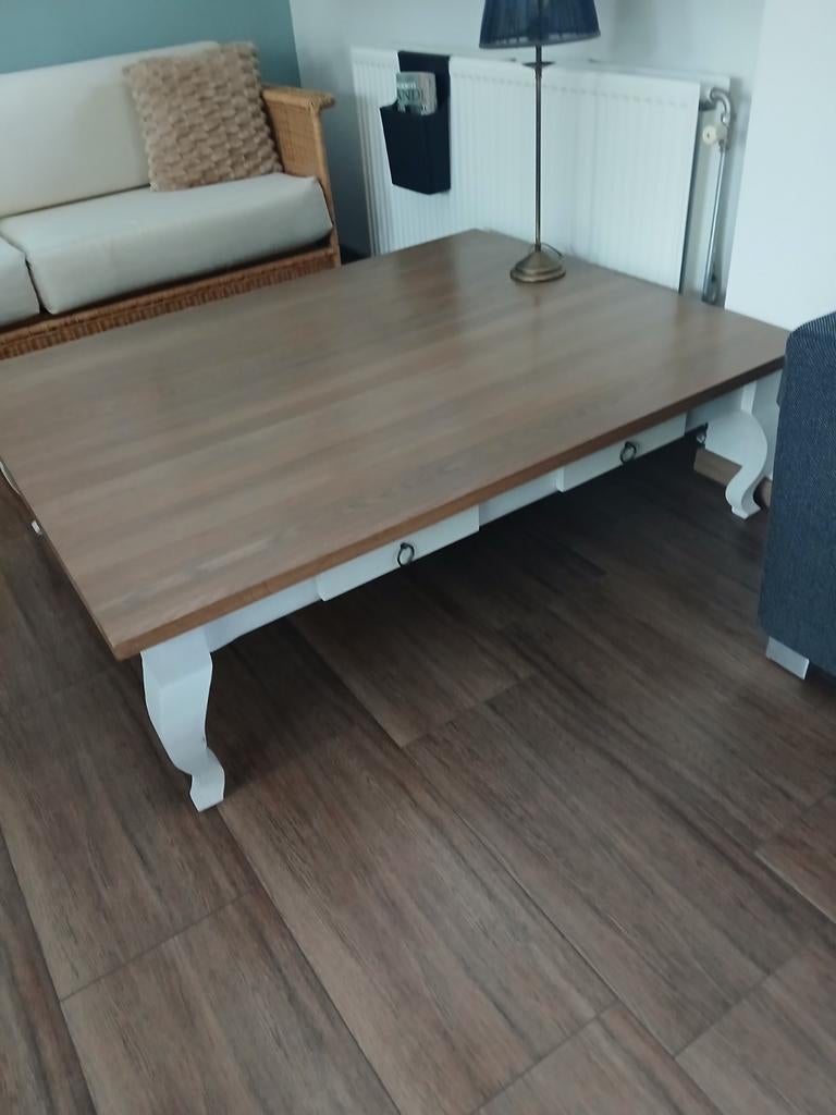 Brocante salontafel geloogd eiken met wit onderstel, Huis en Inrichting, Tafels | Salontafels, Ophalen, Gebruikt, Eikenhout, Brocante, Landelijk