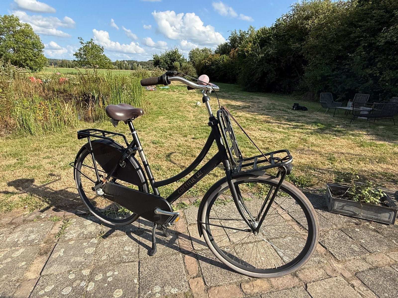 Mat zwarte Cortina dames transportfiets 57 cm, Terugtraprem, Gebruikt, Versnellingen, 56 cm of meer