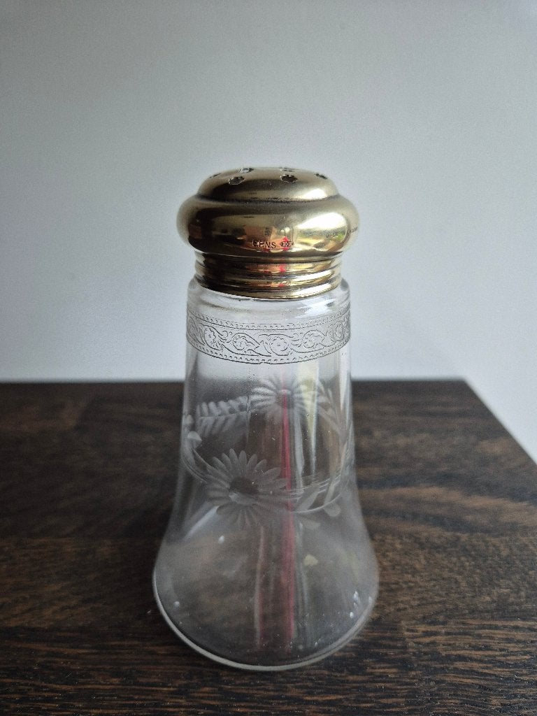 Brocante suiker strooier met verzilverde dop, Ophalen of Verzenden