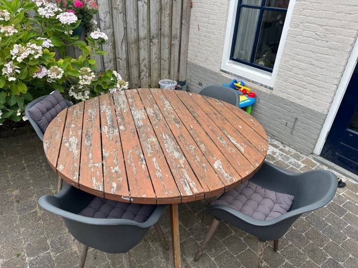 Tuinset ronde houten tafel met 4 kuipstoeltjes, Ophalen, 4 zitplaatsen, Gebruikt, Tuinset