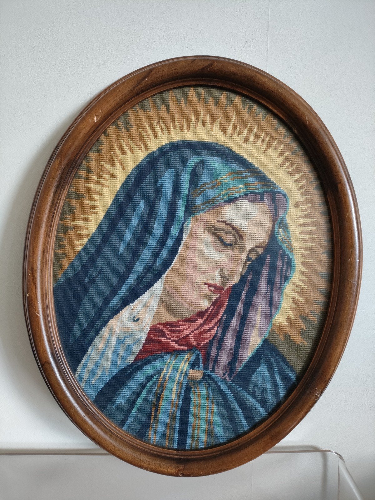 Madonna ingelijst borduurwerk, Antiek en Kunst, Ophalen of Verzenden