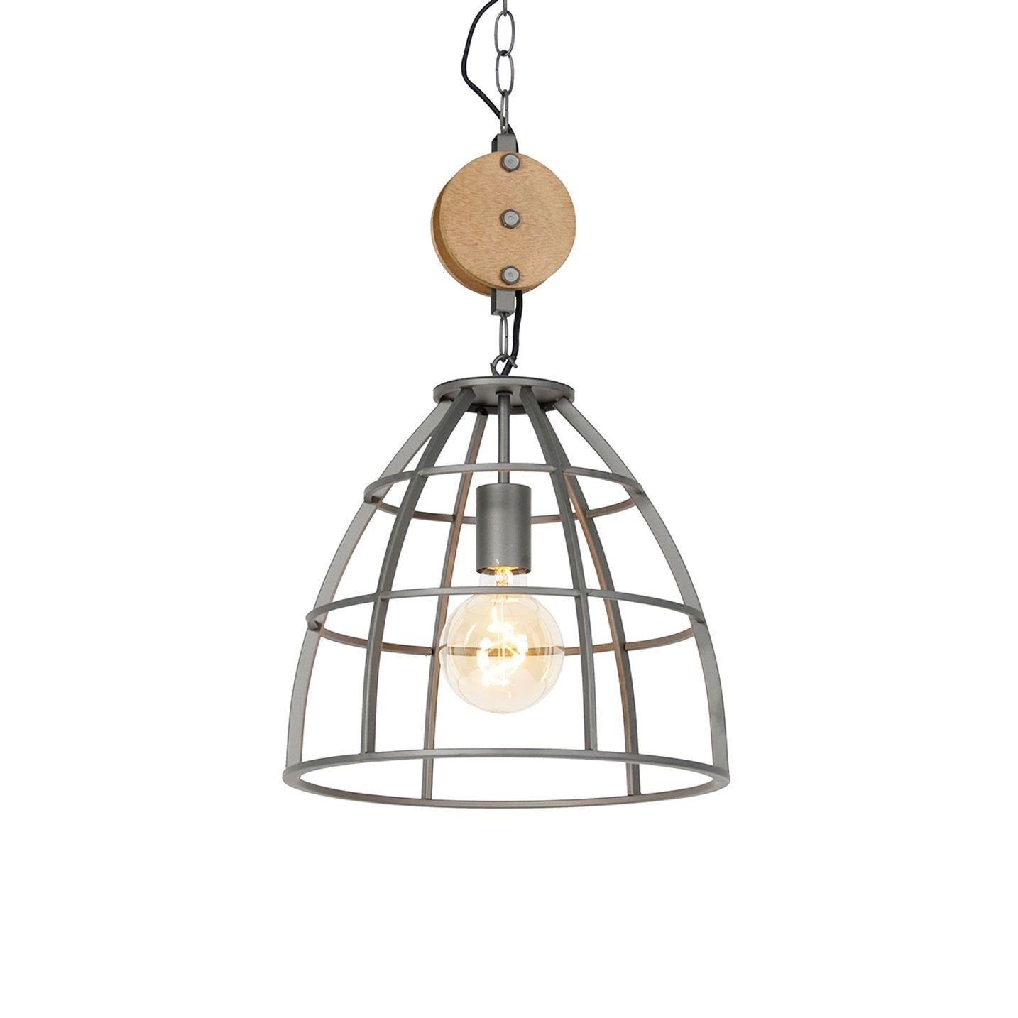 Industriële hanglamp met katrol - Metaal en Hout, Huis en Inrichting, Ophalen, Gebruikt, Industrieel, Landelijk, E27 (groot)