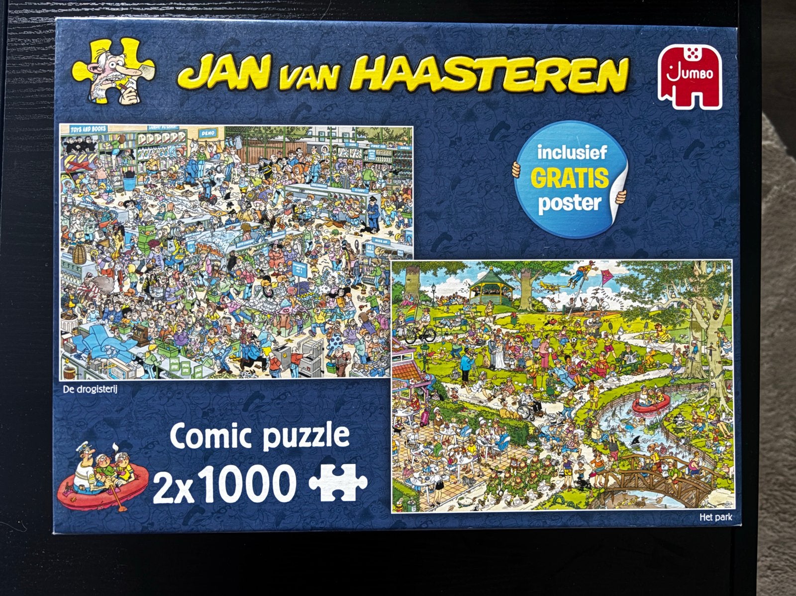 Jan van Haasteren 2x1000 stukjes: Het Park & De Drogisterij, Ophalen of Verzenden, 500 t/m 1500 stukjes, Zo goed als nieuw, Legpuzzel