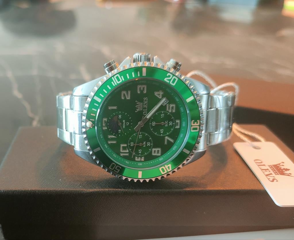 Nieuw Olevs Submariner datum Chrono(geen Rolex) zon/maanfase, Staal, Polshorloge, Nieuw, Ophalen of Verzenden
