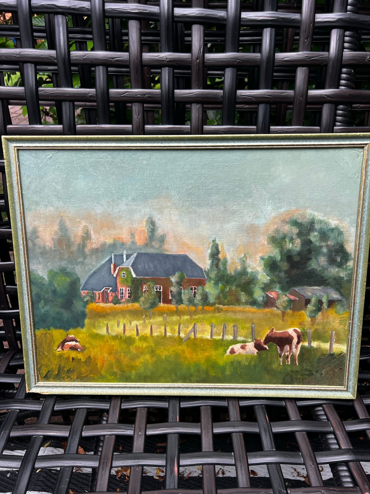 Oud Hollands Landschap Schilderij met Boerderij en Koeien, Ophalen of Verzenden