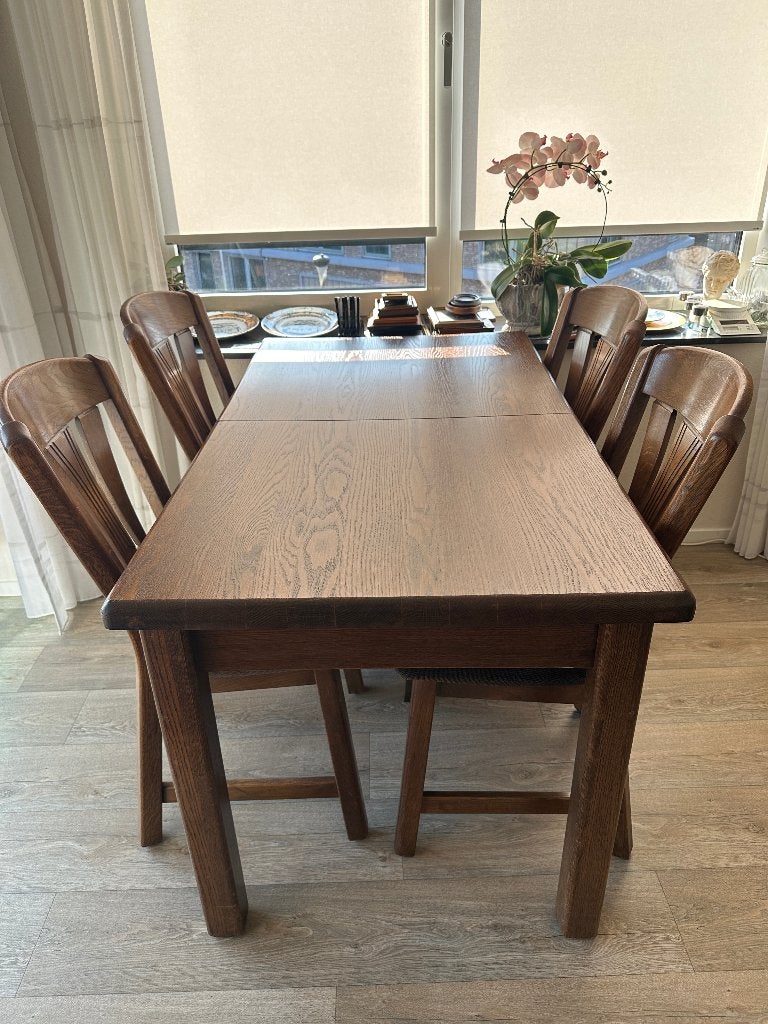 Zeer zware massief eiken eettafel met 4x stoel uitschuifbaar, Ophalen, 100 tot 150 cm, Klassiek, Eikenhout