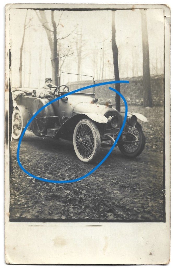 Peugeot Lion automobile auto fotokaart 1919 soldaat, Verzamelen, Verzenden, Voor 1920, Gelopen, Voertuig