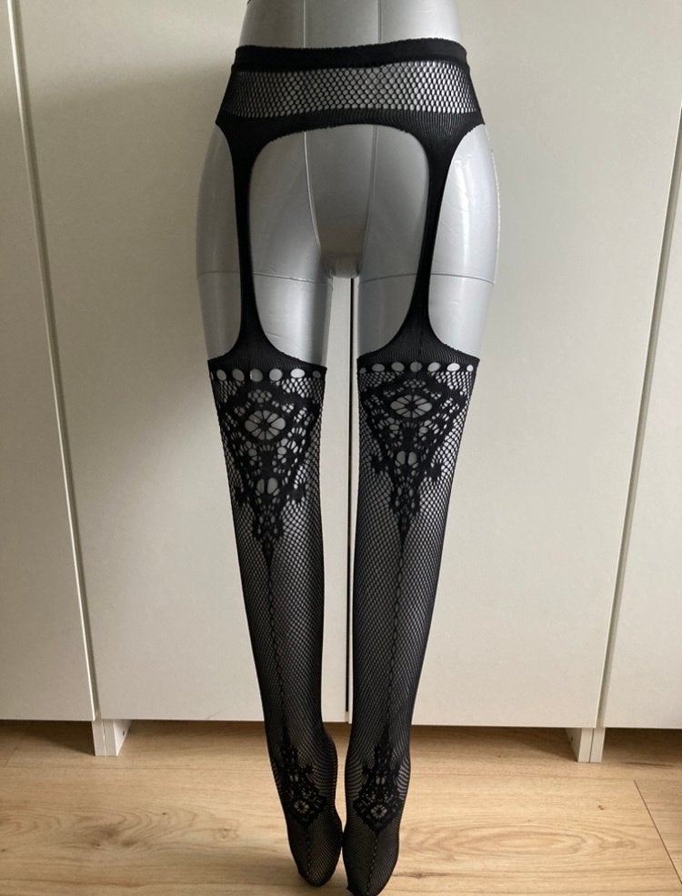 Zwarte jarretel met motief, Verzenden, Nieuw, Zwart, Panty