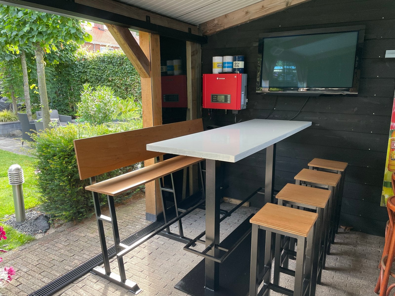 Statafel met bank en krukken (200x65 cm), Ophalen, Gebruikt