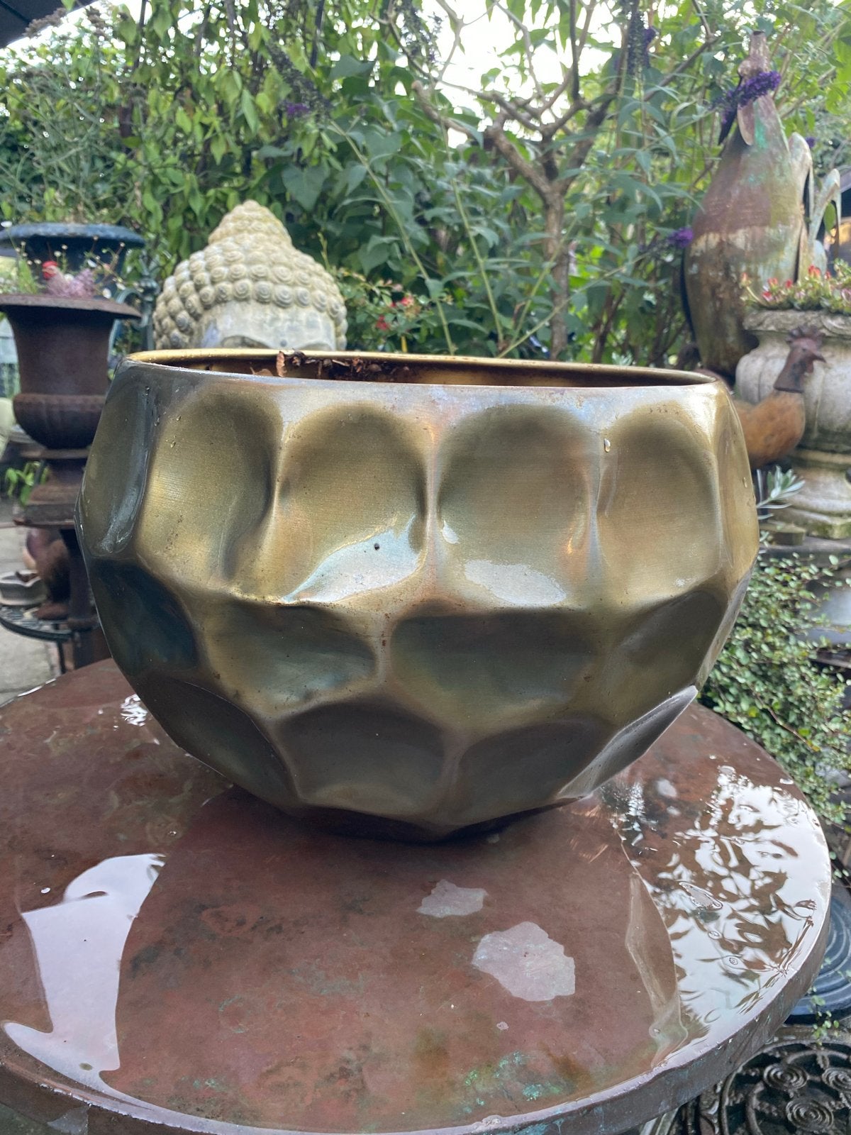 Leuke grote stoere Roestige metalen bloempot - 43cm, Tuin en Terras, Bloembakken en Plantenbakken, Ophalen, Gebruikt, Balkon, Minder dan 60 cm