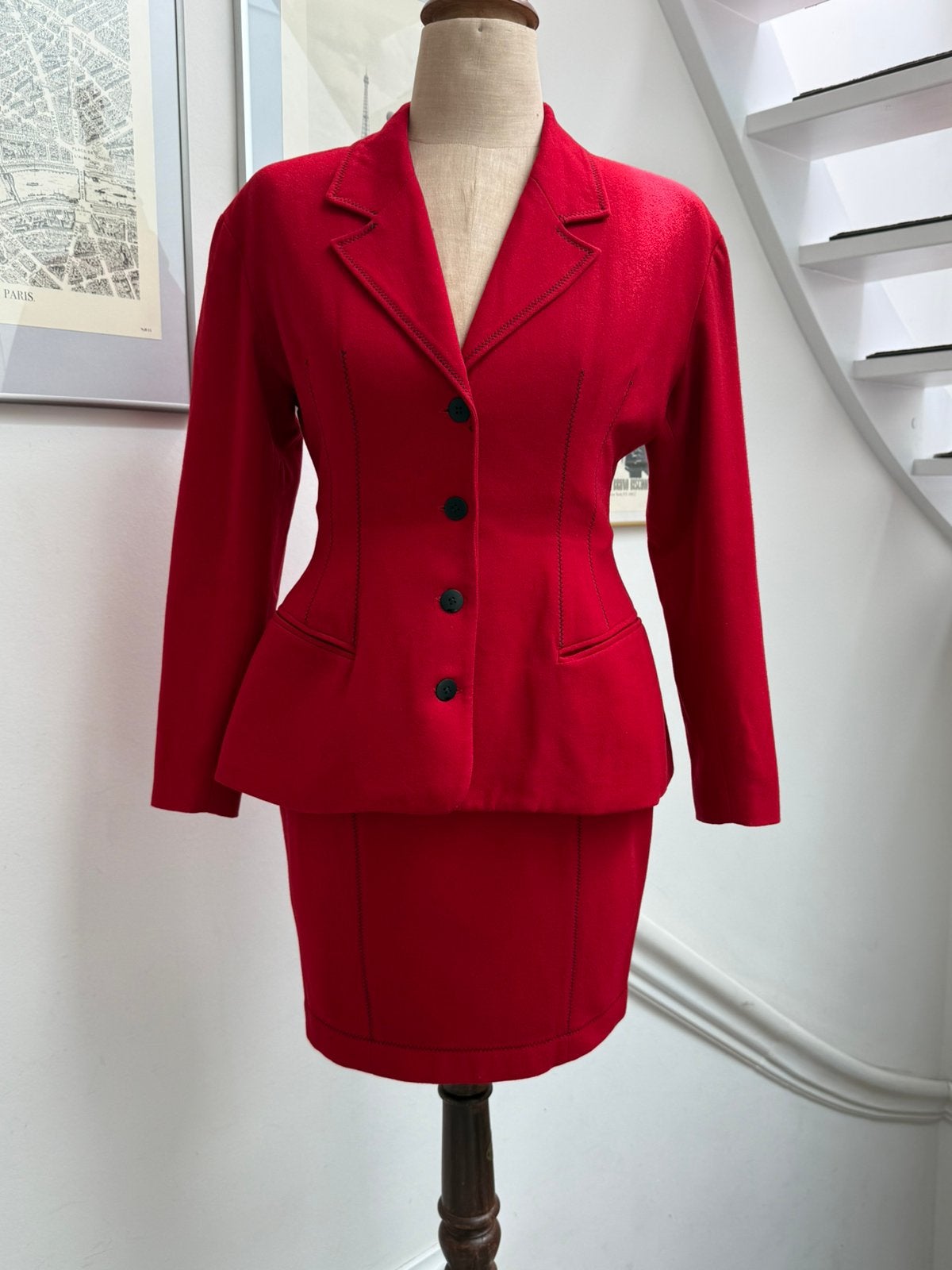 Plein Sud Vintage jaren 90 Wol Kasjmier Rokpak Rood 38/40, Kleding | Dames, Maat 38/40 (M), Kostuum of Pak, Ophalen of Verzenden