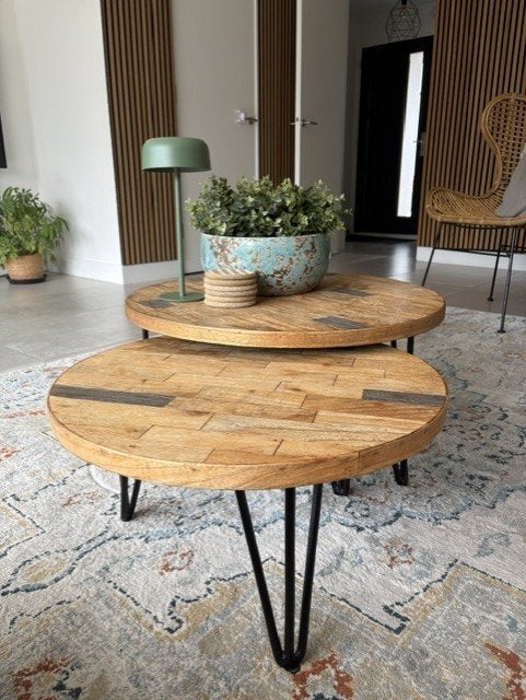 Ronde houten salontafels met zwart metalen pootjes, Ophalen, 50 tot 100 cm, Rond, 50 tot 100 cm