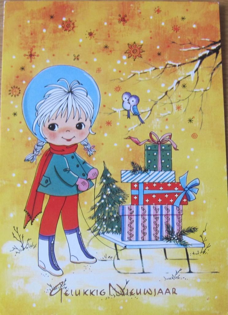 Gelukkig Nieuwjaar - getekend meisje met slee en cadeautjes, Verzenden, 1980 tot heden, Ongelopen, Overige thema's