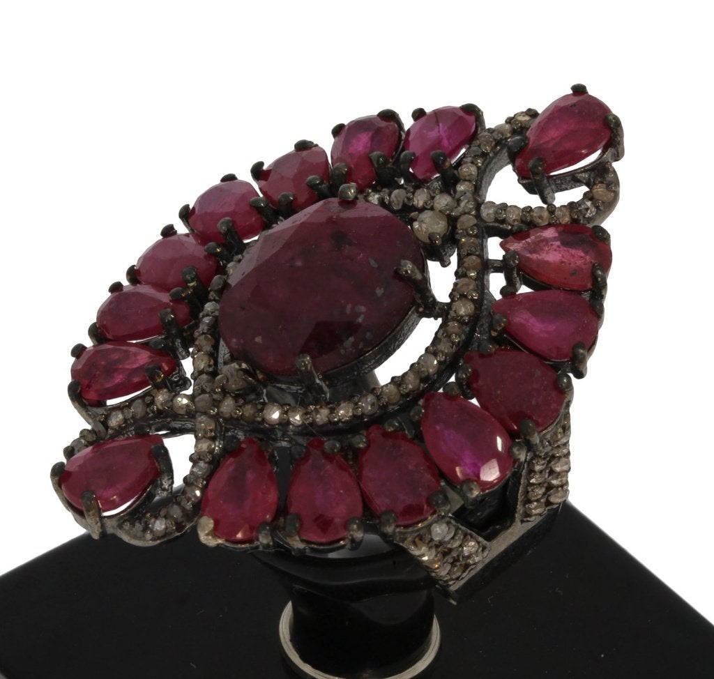 Diamanten robijnen zeldzaam grote antiek vintage ring zilver, Ophalen of Verzenden, Zilver, Ring, Met edelsteen