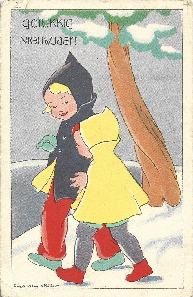 Gelukkig Nieuwjaar*illustrator Lies van Willes*Kinderen, Verzamelen, Ophalen of Verzenden, 1920 tot 1940, Gelopen, Kinderen